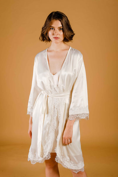 La Tercera MELISSA Silk and Lace Robe in cream front view