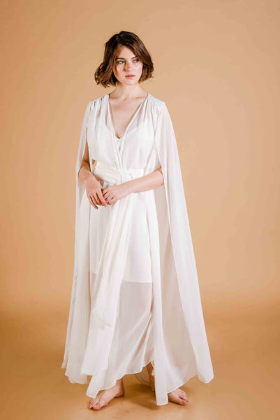 La Tercera Celestine Capelet Dressing Gown in cream silk chiffon front view