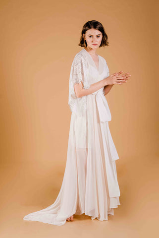 La Tercera Eunice Dressing Gown in cream silk chiffon and lace front view 