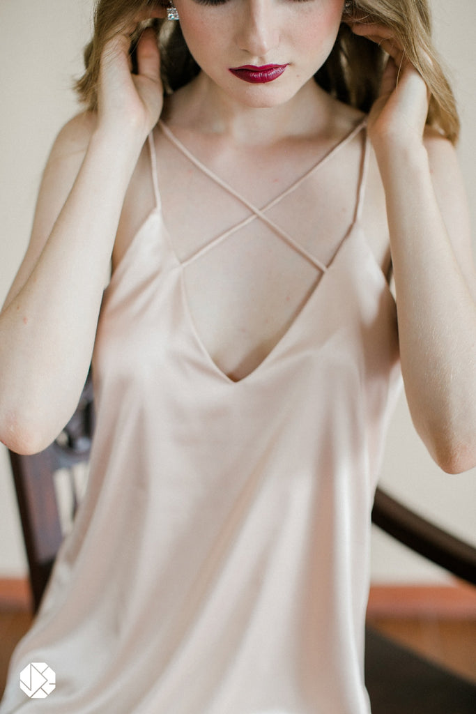 silk chemise x-front detail in champagne silk front view