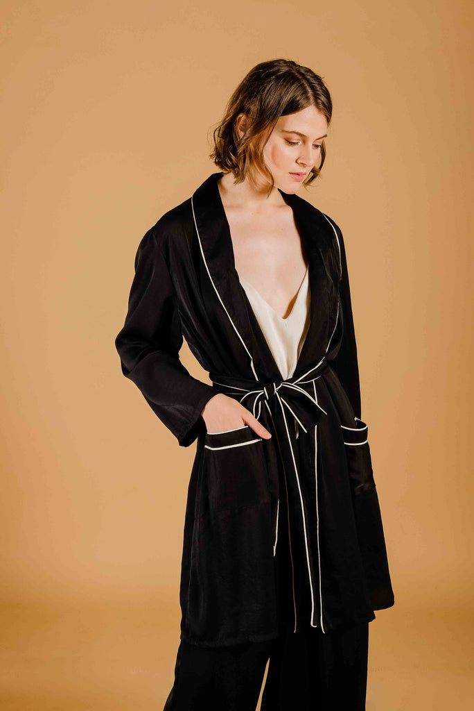 La Tercera Silk Pajama Set in Black Silk with White Trim front view