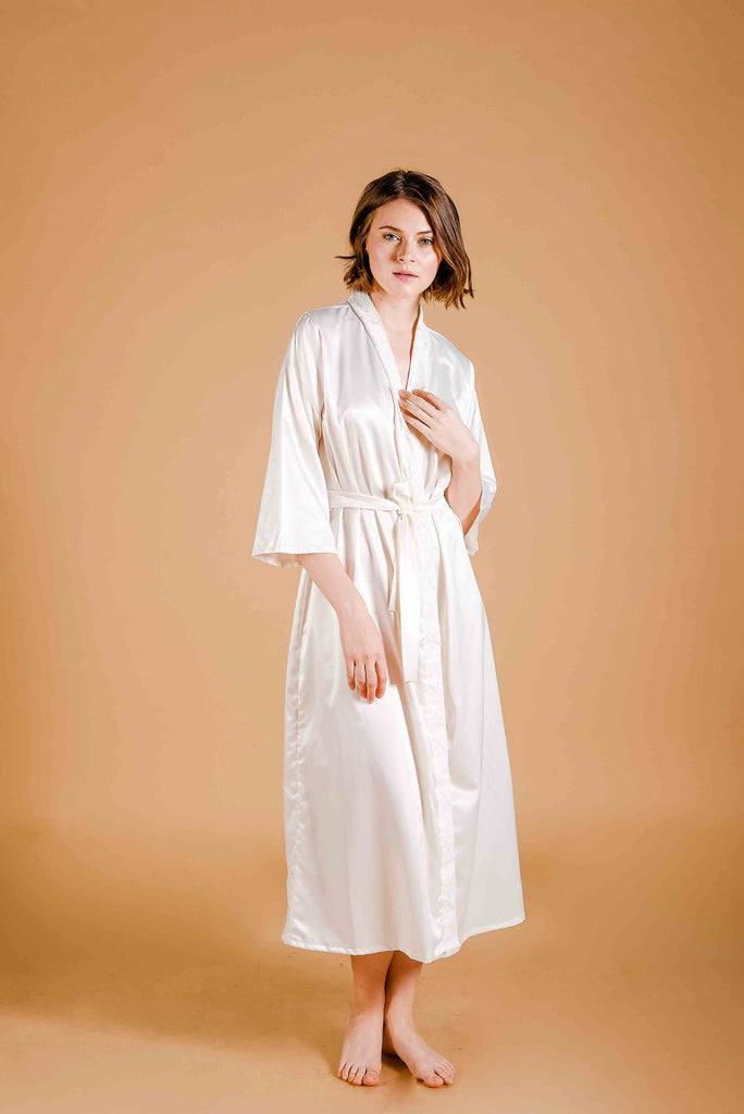 La Tercera Rica Long Robe in cream silk front view